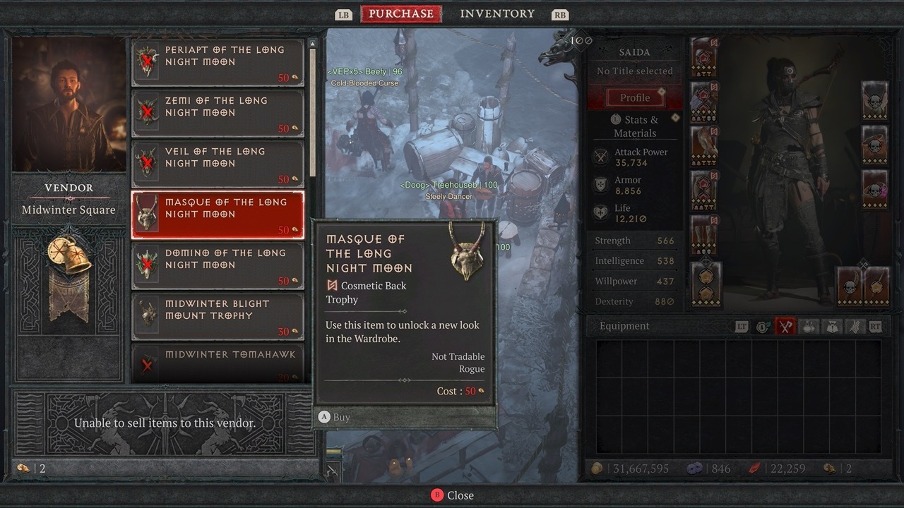 The Midwinter Blight vendor has a number of limited-time cosmetics available.